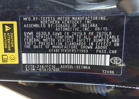 2015 Toyota Camry Le из США, поврежденный, VIN 4T4BF1FK5FR511969